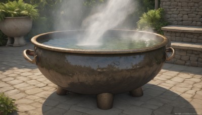 outdoors,day,artist name,water,tree,cup,no humans,shadow,watermark,sunlight,plant,steam,scenery,smoke,potted plant,bush,wall,web address,fantasy,pavement,fountain