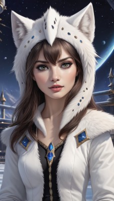 1girl,solo,long hair,breasts,looking at viewer,bangs,brown hair,shirt,animal ears,brown eyes,jewelry,collarbone,jacket,upper body,parted lips,open clothes,sky,artist name,signature,hood,lips,coat,fur trim,black shirt,eyelashes,makeup,night,white jacket,gem,star (sky),night sky,starry sky,freckles,animal hood,realistic,nose,white coat,red lips,space,planet,long sleeves,medium breasts,yellow eyes,teeth,moon,hood up