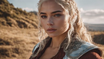 1girl,solo,long hair,looking at viewer,blue eyes,blonde hair,closed mouth,upper body,braid,outdoors,sky,day,armor,blurry,lips,grey eyes,depth of field,blurry background,wavy hair,scar,portrait,freckles,curly hair,mountain,realistic,nose,cloud,sunlight,thick eyebrows