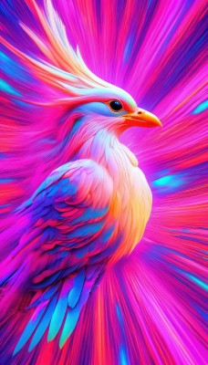 solo,looking at viewer,blue eyes,closed mouth,from side,pokemon (creature),no humans,bird,feathers,animal focus,colorful,beak,full body,artist name,glowing,animal,watermark,pink background,flying,emphasis lines,multicolored background