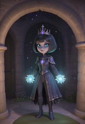 1girl,solo,breasts,looking at viewer,smile,short hair,bangs,blue eyes,black hair,long sleeves,dress,jewelry,closed mouth,standing,full body,small breasts,shoes,artist name,signature,blunt bangs,armor,high heels,makeup,glowing,bob cut,tiara,crown,shoulder armor,gem,colored sclera,black sclera,magic,multicolored hair,outdoors,gradient hair,capelet,colored skin,grass,grey skin,pillar