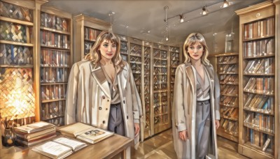 long hair,breasts,looking at viewer,smile,blue eyes,multiple girls,blonde hair,brown hair,shirt,long sleeves,2girls,cleavage,medium breasts,standing,parted lips,open clothes,belt,pants,indoors,medium hair,lips,coat,book,table,cat,bookshelf,lamp,candle,library,ceiling light,blush,brown eyes,looking up,grey pants,light bulb