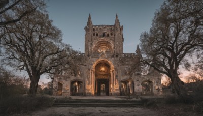 outdoors,sky,day,tree,blue sky,no humans,grass,building,nature,scenery,forest,stairs,clock,road,bare tree,tower,statue,path,church,clock tower,signature,plant,architecture,arch,gate