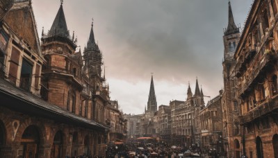 outdoors,sky,cloud,no humans,window,cloudy sky,building,scenery,city,fantasy,cityscape,architecture,bridge,castle,tower,arch,ground vehicle,road,lamppost,street,church,clock tower