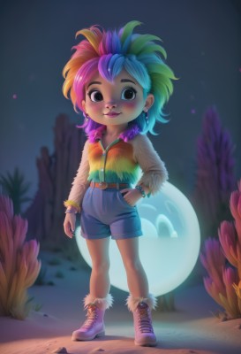 1girl,solo,looking at viewer,blush,smile,shirt,long sleeves,brown eyes,jewelry,closed mouth,blue hair,standing,full body,pink hair,purple hair,multicolored hair,earrings,boots,outdoors,green hair,shoes,shorts,belt,artist name,signature,blurry,black eyes,vest,bracelet,two-tone hair,lips,fur trim,short shorts,gradient hair,makeup,blurry background,watermark,denim,lipstick,wristband,child,web address,multicolored clothes,buckle,eyeshadow,cross-laced footwear,zipper,personification,blue shorts,denim shorts,hand in pocket,belt buckle,female child,ankle boots,brown belt,zipper pull tab,purple footwear,bead bracelet,fur-trimmed boots,mascara,shoelaces,rainbow hair,short hair,blonde hair,flat chest,sneakers,freckles,hands in pockets,pink footwear