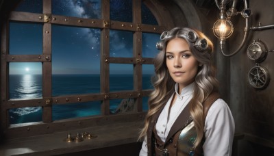 1girl,solo,long hair,looking at viewer,smile,brown hair,shirt,brown eyes,white shirt,upper body,sky,cloud,indoors,water,vest,lips,window,night,ocean,wavy hair,goggles,star (sky),night sky,starry sky,curly hair,goggles on head,realistic,nose,fantasy,brown vest,constellation,steampunk,hair ornament,scenery,candle,chandelier