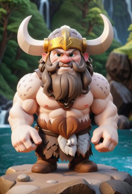 solo,long hair,looking at viewer,brown hair,1boy,nipples,green eyes,standing,full body,male focus,boots,outdoors,horns,teeth,water,blurry,tree,muscular,blurry background,facial hair,frown,abs,thick eyebrows,helmet,pectorals,muscular male,bara,beard,clenched hands,large pectorals,topless male,rock,mature male,mustache,fake horns,horned helmet,chibi,armor,brown footwear,clenched teeth,waterfall