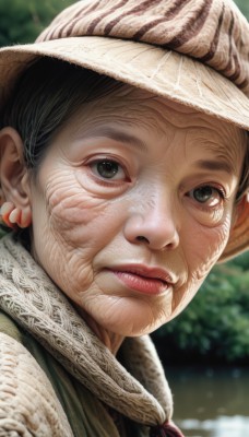 1girl,solo,looking at viewer,black hair,hat,closed mouth,outdoors,parted lips,day,blurry,black eyes,lips,blurry background,portrait,realistic,nose,old,old woman,brown eyes,close-up,brown headwear