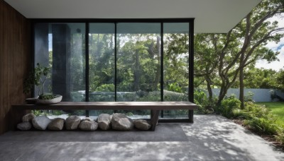 outdoors,sky,day,cloud,tree,no humans,window,shadow,sunlight,grass,plant,nature,scenery,forest,wooden floor,rock,bush,shade,wall,architecture,east asian architecture,indoors,water,blue sky,table,potted plant,sliding doors