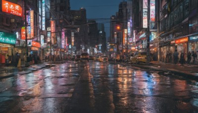 outdoors,multiple boys,sky,water,no humans,night,ground vehicle,building,night sky,scenery,motor vehicle,reflection,rain,city,sign,car,road,cityscape,power lines,lamppost,street,skyscraper,road sign,puddle,city lights,traffic light,neon lights,people,crosswalk,real world location,vanishing point,umbrella,6+boys,utility pole,shop,pavement,sidewalk,storefront