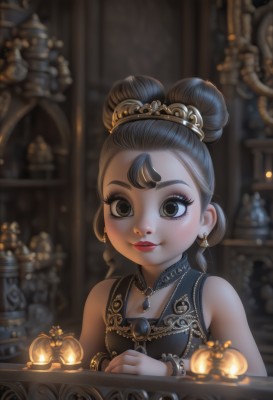 1girl,solo,looking at viewer,smile,bangs,brown hair,black hair,hair ornament,dress,bare shoulders,brown eyes,jewelry,closed mouth,upper body,grey hair,earrings,sleeveless,artist name,indoors,necklace,hair bun,blurry,black eyes,black dress,bracelet,lips,grey eyes,eyelashes,double bun,makeup,sleeveless dress,depth of field,blurry background,single hair bun,tiara,crown,lipstick,gem,child,eyeshadow,gold trim,red lips,female child,gold,eyeliner