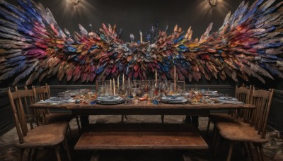 wings,indoors,no humans,chair,table,gem,scenery,plate,crystal,wooden floor,fantasy,light,chandelier,wooden chair,sitting,food,cup,feathers,black background,feathered wings,light rays,candle,wooden table,tablecloth