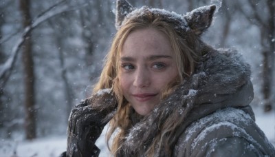 1girl,solo,long hair,looking at viewer,smile,blue eyes,blonde hair,gloves,animal ears,closed mouth,upper body,outdoors,black gloves,hand up,hood,scarf,blurry,tree,lips,coat,grey eyes,fur trim,depth of field,blurry background,fake animal ears,portrait,nature,snow,hood up,forest,snowing,realistic,nose,winter clothes,winter,freckles,bare tree