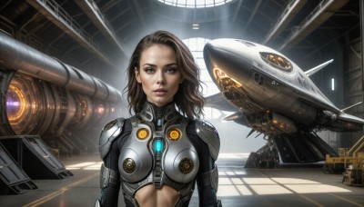 HQ,1girl,solo,long hair,breasts,looking at viewer,blue eyes,brown hair,brown eyes,medium breasts,upper body,armor,lips,bodysuit,robot,mecha,science fiction,realistic,aircraft,spacecraft,short hair,small breasts,medium hair,military,military vehicle