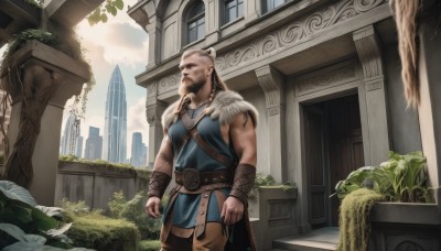 solo,long hair,brown hair,1boy,jewelry,closed mouth,standing,male focus,cowboy shot,outdoors,sky,sleeveless,day,pointy ears,belt,cloud,necklace,fur trim,window,tattoo,muscular,facial hair,ring,plant,building,scenery,beard,arms at sides,bracer,ruins,vines,arch,overgrown,blonde hair,armor,realistic,manly