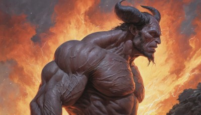 solo,black hair,1boy,nipples,upper body,male focus,horns,sky,teeth,from side,muscular,facial hair,scar,abs,fire,pectorals,muscular male,demon horns,bara,beard,large pectorals,veins,topless male,realistic,manly,biceps,lightning,molten rock,veiny arms,short hair,nude,colored skin,mature male,no pupils,demon,demon boy,embers