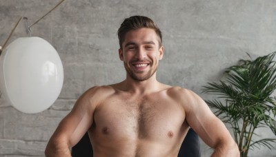 solo,looking at viewer,smile,short hair,open mouth,blue eyes,brown hair,black hair,1boy,nipples,upper body,male focus,nude,teeth,indoors,grin,muscular,facial hair,pectorals,plant,muscular male,bara,beard,topless male,mature male,realistic,mustache,stubble,wall,chest hair,arm hair,hairy,speech bubble,blank speech bubble