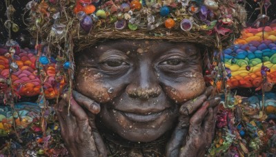 solo,looking at viewer,smile,1boy,hat,closed mouth,flower,male focus,food,tears,black eyes,fruit,ring,bug,crown,gem,fish,balloon,mushroom,old,planet,surreal,old woman,holding,fingernails,portrait,realistic,straw hat