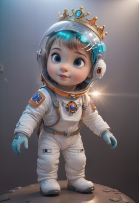 1girl,solo,looking at viewer,smile,short hair,blue eyes,brown hair,gloves,standing,full body,parted lips,lips,helmet,crown,child,freckles,science fiction,realistic,blue gloves,female child,spacesuit,space helmet,astronaut,1boy,male focus,teeth,headset,space,male child