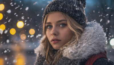 1girl, solo, long hair, looking at viewer, blue eyes, blonde hair, hat, upper body, parted lips, blurry, lips, coat, fur trim, black headwear, depth of field, blurry background, portrait, snow, snowing, realistic, nose, beanie, winter clothes, winter