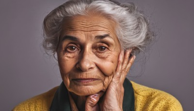 1girl,solo,looking at viewer,smile,simple background,1boy,brown eyes,closed mouth,white hair,grey hair,male focus,hand up,grey background,nail polish,lips,fingernails,gradient,gradient background,portrait,hand on own face,realistic,nose,pov hands,hand on another's face,old,old man,hand on another's cheek,old woman,wrinkled skin,shirt,facial hair,curly hair