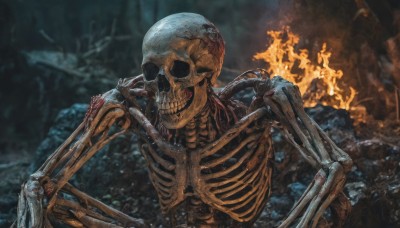 solo,looking at viewer,1boy,upper body,male focus,teeth,blurry,no humans,blurry background,fire,skull,ribs,skeleton,bone,horror (theme),burning,blood,monster,cave,corpse,spine