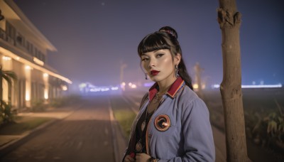 1girl,solo,long hair,bangs,shirt,black hair,long sleeves,brown eyes,jewelry,jacket,upper body,earrings,outdoors,open clothes,sky,blunt bangs,necklace,hair bun,blurry,bracelet,open jacket,tree,lips,black shirt,makeup,night,depth of field,blurry background,single hair bun,denim,lipstick,blue jacket,building,night sky,watch,red lips,road,lamppost,denim jacket,looking at viewer,parted lips,black eyes,hoop earrings,realistic