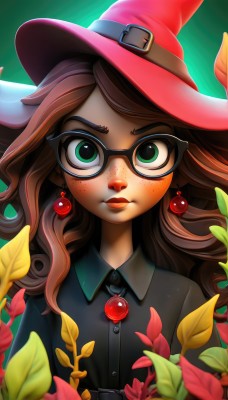 1girl,solo,long hair,looking at viewer,brown hair,shirt,hat,jewelry,closed mouth,green eyes,upper body,flower,earrings,glasses,collared shirt,belt,lips,black shirt,makeup,witch hat,buttons,leaf,watermark,plant,wing collar,buckle,freckles,green background,black-framed eyewear,belt buckle,round eyewear,witch,red hair,artist name,red headwear,web address,nose