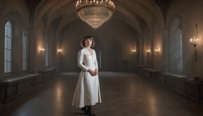 1girl,solo,breasts,looking at viewer,smile,short hair,bangs,brown hair,black hair,long sleeves,dress,brown eyes,jewelry,standing,full body,boots,indoors,black footwear,white dress,black eyes,high heels,coat,window,sunlight,bob cut,own hands together,lipstick,high heel boots,white coat,tiles,red lips,candle,tile floor,church,reflective floor,chair,table,chandelier