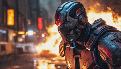 solo,1boy,upper body,male focus,armor,blurry,from side,depth of field,blurry background,helmet,fire,building,motor vehicle,smoke,science fiction,rain,city,explosion,power armor,outdoors,artist name,signature,night,glowing,robot,ground vehicle,portrait,realistic,lights,cyberpunk