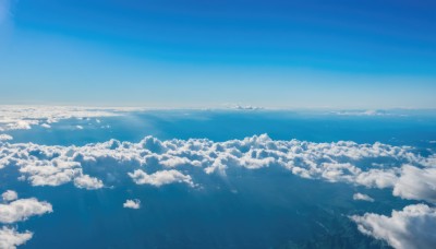 monochrome,outdoors,sky,day,cloud,blue sky,no humans,ocean,sunlight,cloudy sky,scenery,blue theme,horizon,landscape,above clouds,water,island