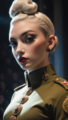 1girl,solo,breasts,looking at viewer,short hair,blue eyes,blonde hair,jewelry,medium breasts,jacket,upper body,earrings,parted lips,hair bun,blurry,uniform,lips,grey eyes,military,eyelashes,military uniform,makeup,blurry background,single hair bun,lipstick,portrait,realistic,red lips,updo,blush,eyeshadow,epaulettes,nose,eyeliner,medal