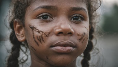 1girl,solo,looking at viewer,blue eyes,brown hair,black hair,braid,parted lips,teeth,blurry,black eyes,twin braids,lips,blurry background,portrait,close-up,freckles,realistic,female child,long hair,sweat,eyelashes,nose,dirty