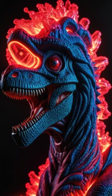 godzilla,solo,open mouth,simple background,red eyes,tail,teeth,tongue,no humans,glowing,fangs,fire,sharp teeth,black background,glowing eyes,monster,kaijuu,tongue out,from side,1other,scales,extra eyes