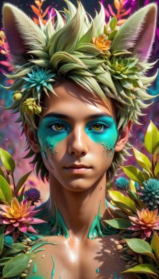 solo,looking at viewer,short hair,hair ornament,1boy,animal ears,brown eyes,closed mouth,collarbone,yellow eyes,upper body,flower,male focus,green hair,artist name,cat ears,hair flower,blurry,lips,fox ears,makeup,leaf,watermark,facial mark,plant,portrait,web address,topless male,nose,facepaint,bodypaint,paint splatter,brown hair,depth of field,blurry background,sunlight,spiked hair,light particles,extra ears,freckles,realistic,yellow flower,dripping,dappled sunlight