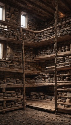 monochrome,day,indoors,no humans,window,sunlight,scenery,stairs,wall,brick wall,sepia,brown theme,barrel,stone wall,bread,shop,stone floor