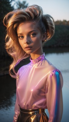 1girl,solo,long hair,breasts,looking at viewer,blue eyes,skirt,blonde hair,brown hair,shirt,long sleeves,brown eyes,jewelry,closed mouth,upper body,earrings,small breasts,outdoors,parted lips,day,water,blurry,lips,see-through,blurry background,pink shirt,realistic,nose,shiny,artist name,hair bun,tree,depth of field,turtleneck,expressionless,shiny clothes