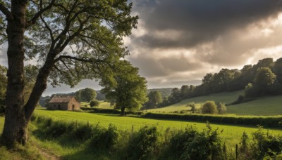 outdoors,sky,day,cloud,tree,blue sky,no humans,sunlight,cloudy sky,grass,building,nature,scenery,forest,mountain,road,field,house,landscape,hill,water