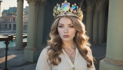 1girl,solo,long hair,looking at viewer,blonde hair,brown hair,shirt,brown eyes,jewelry,white shirt,upper body,earrings,outdoors,parted lips,day,water,necklace,lips,wavy hair,light brown hair,crown,gem,pendant,curly hair,realistic,pillar,column,sunlight