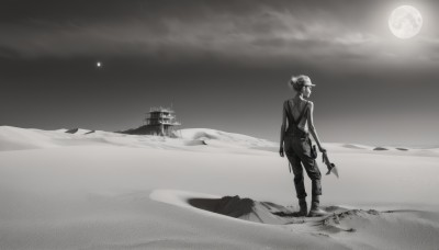 1girl,solo,short hair,1boy,holding,standing,monochrome,weapon,greyscale,male focus,boots,outdoors,sky,pants,cloud,from behind,night,moon,full moon,axe,desert,gloves,hat,holding weapon,gun,beach,holding gun,night sky,scenery,1other,walking,sand,overalls,ambiguous gender