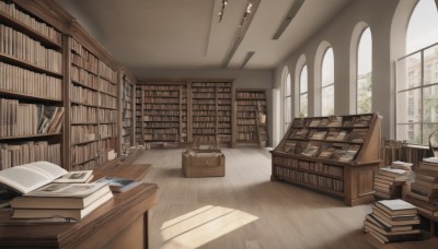 day,indoors,tree,book,no humans,window,chair,table,sunlight,box,scenery,desk,wooden floor,paper,open book,bookshelf,lamp,shelf,book stack,library,ladder,candlestand,globe,plant,basket,candle