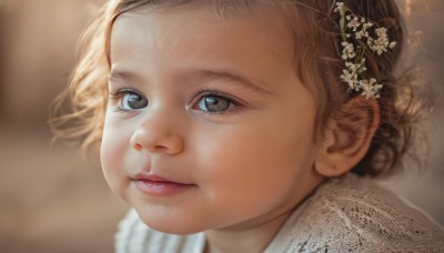 1girl,solo,looking at viewer,short hair,blue eyes,blonde hair,brown hair,hair ornament,brown eyes,flower,parted lips,hair flower,blurry,lips,grey eyes,eyelashes,depth of field,blurry background,portrait,close-up,realistic,nose,closed mouth,hair bun