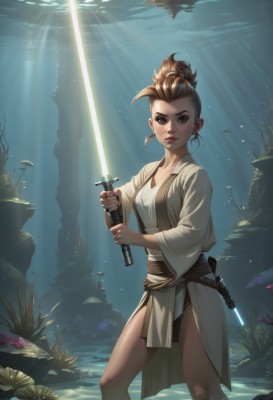 1girl,solo,breasts,looking at viewer,brown hair,holding,brown eyes,medium breasts,standing,ponytail,weapon,parted lips,belt,sword,artist name,signature,water,holding weapon,lips,holding sword,sunlight,sheath,wading,fish,science fiction,robe,light rays,rock,underwater,fantasy,sunbeam,hair pulled back,topknot,energy sword,coral,seaweed,lightsaber,blonde hair,jewelry,earrings,realistic