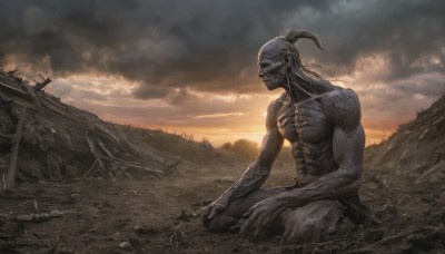 solo,1boy,sitting,male focus,outdoors,horns,sky,cloud,signature,no humans,muscular,colored skin,cloudy sky,scenery,monster,realistic,ruins,alien,wariza,abs,seiza,sunset,giant