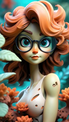 1girl,solo,long hair,breasts,looking at viewer,blue eyes,brown hair,bare shoulders,medium breasts,green eyes,collarbone,upper body,flower,red hair,small breasts,glasses,artist name,orange hair,blurry,aqua eyes,lips,eyelashes,makeup,colored skin,watermark,tank top,freckles,black-framed eyewear,curly hair,underwater,nose,smile,sleeveless,torn clothes,tattoo,leaf,web address