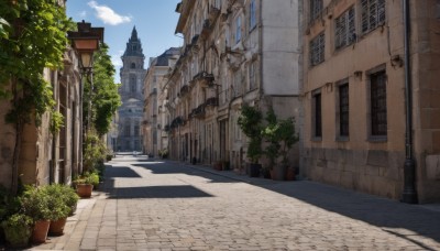 outdoors,sky,day,cloud,tree,blue sky,no humans,window,shadow,sunlight,plant,building,scenery,city,door,potted plant,road,bush,cityscape,shade,wall,house,street,flower pot,town,pavement,cloudy sky,lamppost