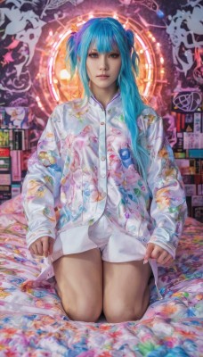 1girl,solo,long hair,looking at viewer,bangs,blue eyes,shirt,hair ornament,long sleeves,sitting,underwear,blue hair,panties,full body,white shirt,blunt bangs,two side up,lips,sleeves past wrists,book,kneeling,aqua hair,seiza,pajamas,realistic,nose,clock,bookshelf,twintails,watermark,floral print