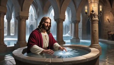 solo,long hair,brown hair,shirt,long sleeves,1boy,brown eyes,jewelry,closed mouth,white shirt,male focus,indoors,dark skin,wide sleeves,water,necklace,facial hair,dark-skinned male,fire,beard,partially submerged,robe,fantasy,magic,candle,pillar,arch,column,fountain,sitting