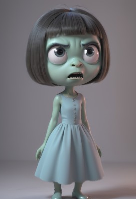 1girl,solo,short hair,open mouth,bangs,simple background,black hair,dress,standing,full body,barefoot,teeth,sleeveless,blunt bangs,grey background,black eyes,flat chest,sleeveless dress,blue dress,colored skin,bob cut,sharp teeth,child,arms at sides,female child,green skin,grey skin,aqua dress