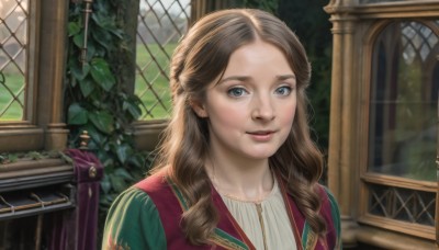 1girl,solo,long hair,looking at viewer,smile,blue eyes,brown hair,jewelry,upper body,parted lips,indoors,necklace,lips,book,window,leaf,plant,portrait,freckles,curly hair,realistic,fence,fantasy,dress,earrings,teeth,day,blurry,grey eyes,wavy hair,sunlight,forehead,green dress,nose